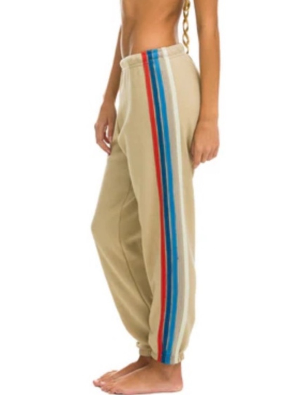 Aviator nation Beige Striped Track Pants with Blue & Red Side Stripe